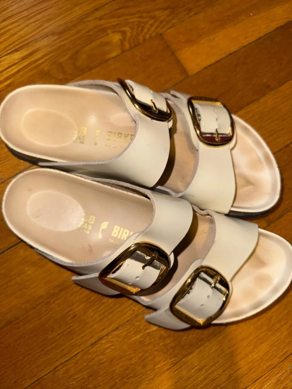 Birkenstock Women's Double-Buckle Slide Sandals in White with Gold Buckles - Picture 4 of 4